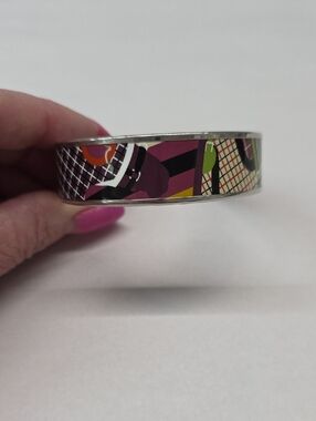 Hermes Purple/Green Printed Enamel Palladium Wide Bangle Bracelet Size 65